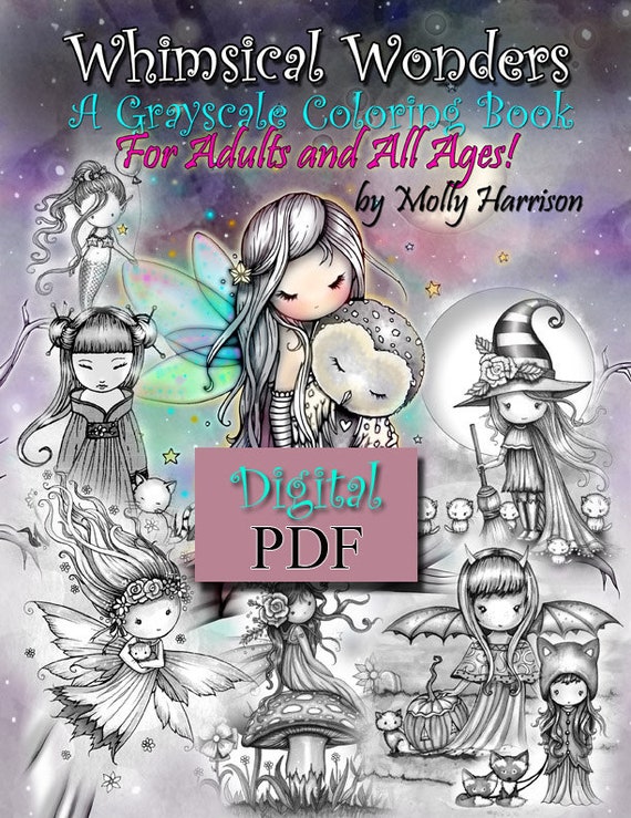 Printable Digital Download Whimsical Wonders A Grayscale Coloring Book For Adults And All Ages Sweet Fairies Mermaids Witches