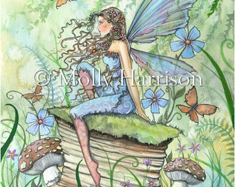 Busy Garden - Flower Fairy with Butterflies Fantasy Artwork Illustration by Molly Harrison - Archival Print