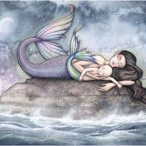 Mermaid Art - Mermaid Print - Sweet Moment of Bliss - Mother and Baby Mermaids - Nursery Art