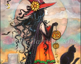 May include: Watercolor painting of a witch in a red hat with a sunflower, holding a jack-o'-lantern. A black cat sits on a tombstone. The background features a full moon, bats, and a graveyard scene.