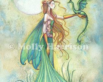 Discipline - Green Fairy and Dragon Fantasy Art - Watercolor Archival Print Molly Harrison