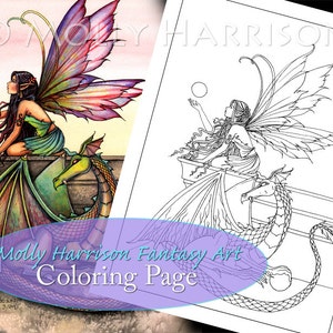 Kit and Clowder RESERVED listing - Dragon's Orbs Fairy Dragon - Printable - Adult Coloring Page - Molly Harrison Fantasy Art