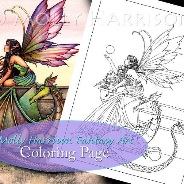 Dragon's Orbs Fairy Dragon - Printable - Adult Coloring Page - Molly Harrison Fantasy Art - Digistamp Coloring Page - 8.5 x 11