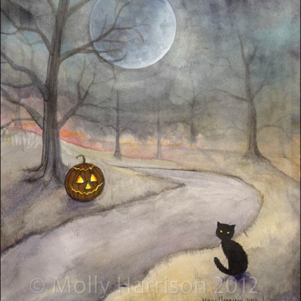 SALE The Forgotten Path Fantasy Art Original Cat Halloween Archival Giclee Print 9 x 12