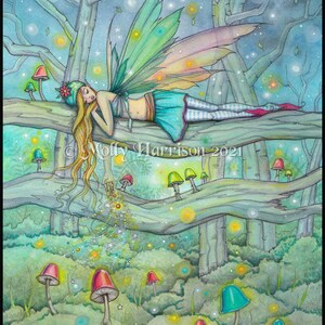 Original Fairy Watercolor Painting Enchanted Forest Fairy Sprinkling Magic in a Colorful Mushroom Filled Forest Fantasy Art image 2