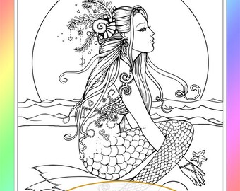 Mermaid on Beach - Instant Download - Digital Stamp - Printable - Molly Harrison - mermaids, fantasy, fairies, mystical