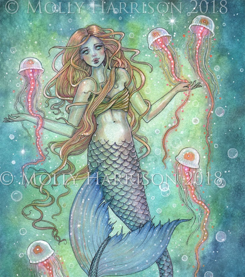 Fantasy Fine Art Print by Molly Harrison The Jellies Mermaid Art Print Mermaid and Jellyfish