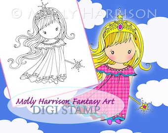Little fairy Princess - Digital Stamp - Printable - Mermaid Art - Molly Harrison Fantasy Art - Digi Stamp Coloring Page - Instant Download