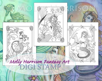 Three Mermaids  - Digital Stamps - PRINTABLE - Instant Download- Mermaid Art - Molly Harrison Fantasy Art - Digistamp Coloring Page