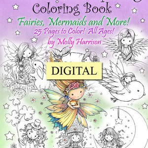 Printable Digital Download - Whimsical Spring Coloring Book by Molly Harrison - Sweet Fairies, Mermaids, Witches