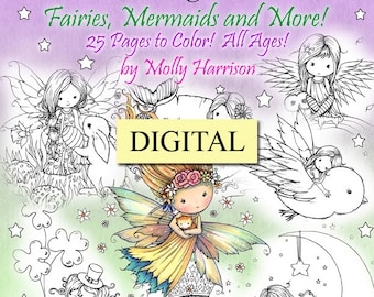 Printable Digital Download - Whimsical Spring Coloring Book by Molly Harrison - Sweet Fairies, Mermaids, Witches