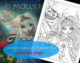 Alice in Wonderland - Digital Stamp - Printable - Adult Coloring Page - Molly Harrison Fantasy Art - Digistamp Coloring Page - 8.5 x 11
