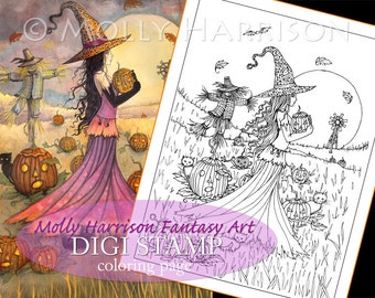 October Fields - Digital Stamp - Printable - Halloween Witch and Cat - Fantasy Art - Digi stamp Coloring Page JPG - 8.5 x 11