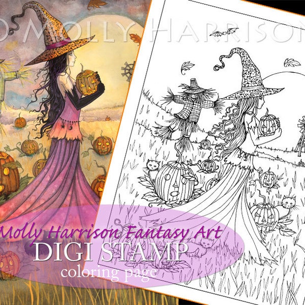 October Fields - Digital Stamp - Printable - Halloween Witch and Cat - Fantasy Art - Digi stamp Coloring Page JPG - 8.5 x 11