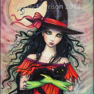 Witch Print - Halloween Witch and Black Cat Fine Art Print by Molly Harrison &#39;Autumn Mischief&quot;