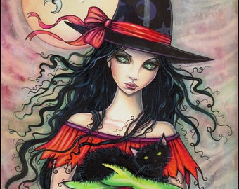 May include: A watercolor painting of a witch with long black hair, wearing a black witch hat with stars and a red ribbon. She holds a black cat with yellow eyes. The background features a full moon and the text "Molly Harrison 2014".