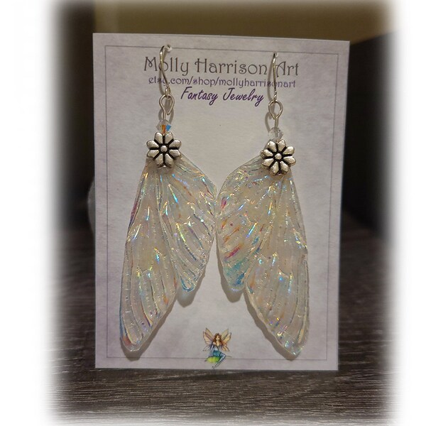 Fairy Wing Earrings Aurora Borealis White with Flowers - Iridescent Flashy Boho Fashion Statement Jewelry by Molly Harrison