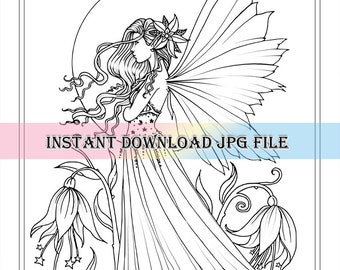 Orchid of the Night version 2  - Digital Stamp - Printable - Fairy Art - Molly Harrison Fantasy Art - Coloring Page - Fairies, Moon, Tree