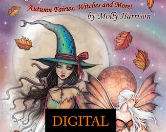Printable Instant Download - Autumn Magic Grayscale Coloring Book by Molly Harrison - 30 Illustrations - Fall Fairies, Witches and More!
