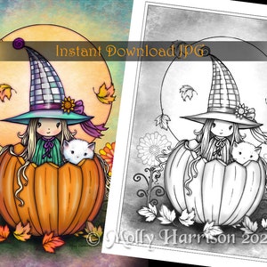The Witch and Luna Cat - Grayscale Coloring Page - Molly Harrison - Printable Instant Download - Halloween Coloring Pages