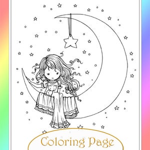 Girl and Kitty on Crescent Moon - Instant Download - Digital Stamp - Coloring Page - Digistamp -  Printable - Molly Harrison