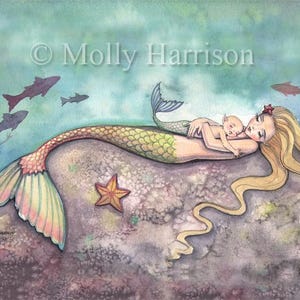 Mermaid Print - Mermaid Lullaby Mother and Baby Mermaids Fine Art Archival Print - Mermaid Watercolor Illustration by Molly Harrison