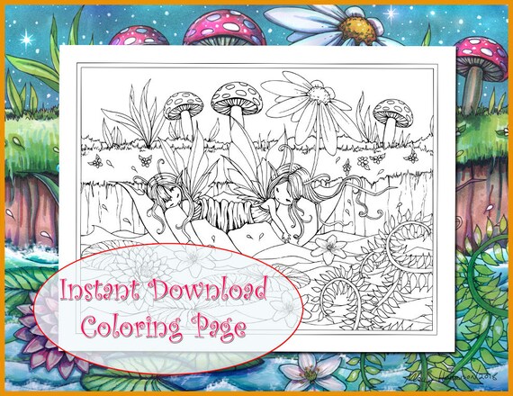 Leaf Boat - Printable Coloring Page - Whimsical, Whimsical Fairy Sisters -  Twins - Molly Harrison Fantasy Art - Instant Download