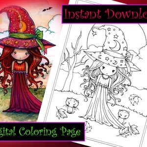 Spooky Cute Little Witch - Digital Stamp - Printable - Molly Harrison Fantasy Art - Digi Stamp / Coloring Page - Instant Download