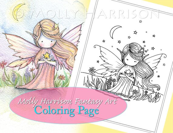 little star fairy  coloring page  printable  whimsical floral cute faery   molly harrison fantasy art  instant download