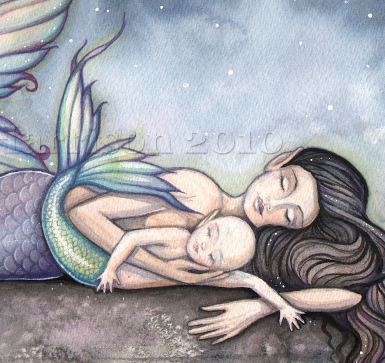 Mermaid Art Mermaid Print Sweet Moment of Bliss Mother and Baby Mermaids Nursery Art image 3