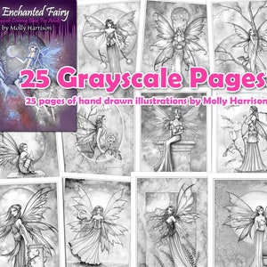 Puede incluir: Una portada de libro con 25 p&aacute;ginas en escala de grises de ilustraciones de hadas dibujadas a mano. El t&iacute;tulo del libro es "The Enchanted Fairy: A Grayscale Coloring Book for Adults" de Molly Harrison.