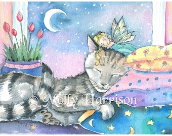 Timmy's Fairy - Fairy and Cat  Fine Art Print by Molly Harrison - Watercolor Illustration