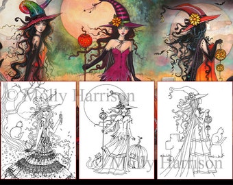 PRINTABLE - Special Price - Set of 3 Halloween Witch and Cat Coloring Pages - Molly Harrison Fantasy Art - Instant Download - Digi Stamps