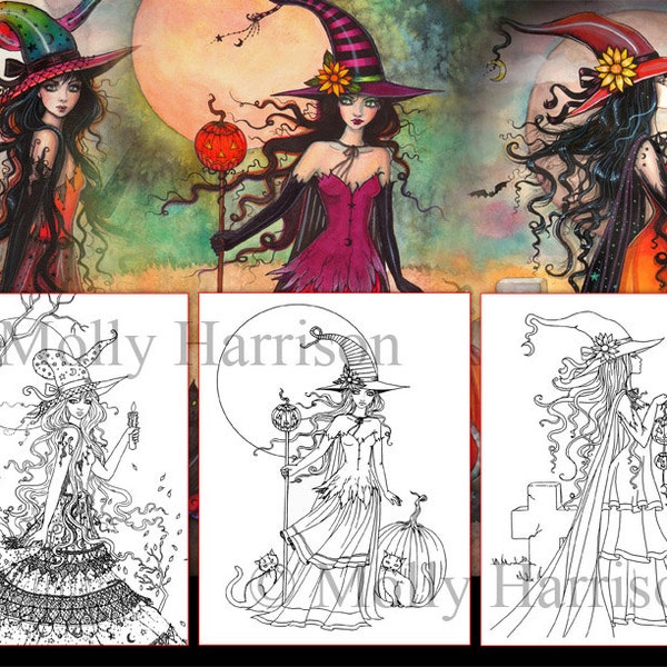 PRINTABLE - Special Price - Set of 3 Halloween Witch and Cat Coloring Pages - Molly Harrison Fantasy Art - Instant Download - Digi Stamps