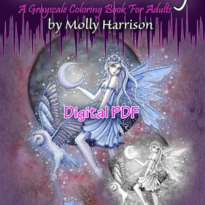 Puede incluir: Un libro de colorear digital para adultos con una ilustraci&oacute;n en escala de grises de un hada con alas, sosteniendo una luna creciente. El hada est&aacute; rodeada de estrellas y una luna creciente. El texto "The Enchanted Fairy" y "Digital PDF" es visible en la imagen.