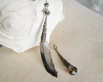 MYSTICAL Asymmetrical Feather and Crystal Earrings