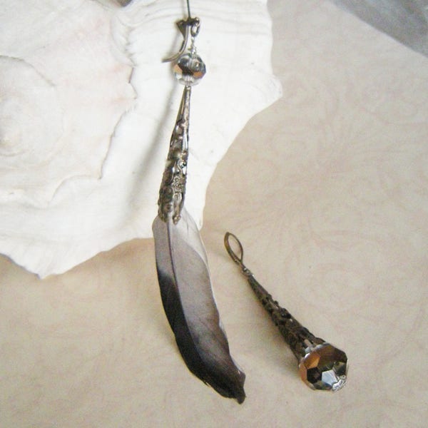 MYSTICAL Asymmetrical Feather and Crystal Earrings