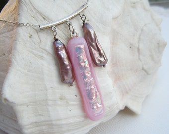 Pink Dichroic Glass and Pearl Necklace