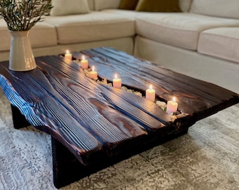 Venezia Coffee Table, Faux Live Edge Coffee Table With River Design, Douglas Fir planks Table With Dark Blowtorched Finish.