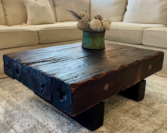 Napa Valley Coffee Table, Rustic Coffee Table with Cracks, Rectangular Table With Blowtorched Redwood beams.