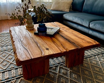 Tuscan Vita Coffee Table-Farmhouse Faux Live Edge Coffee Table With Natural Wood Tone, Lightly Blowtorched Rectangular, Slab -