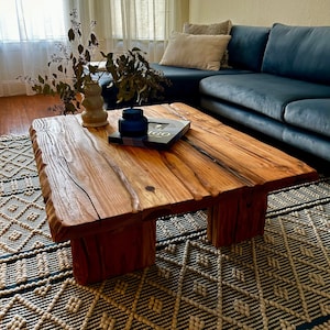 Tuscan Vita Coffee Table-Farmhouse Faux Live Edge Coffee Table With Natural Wood Tone, Lightly Blowtorched Rectangular, Slab -