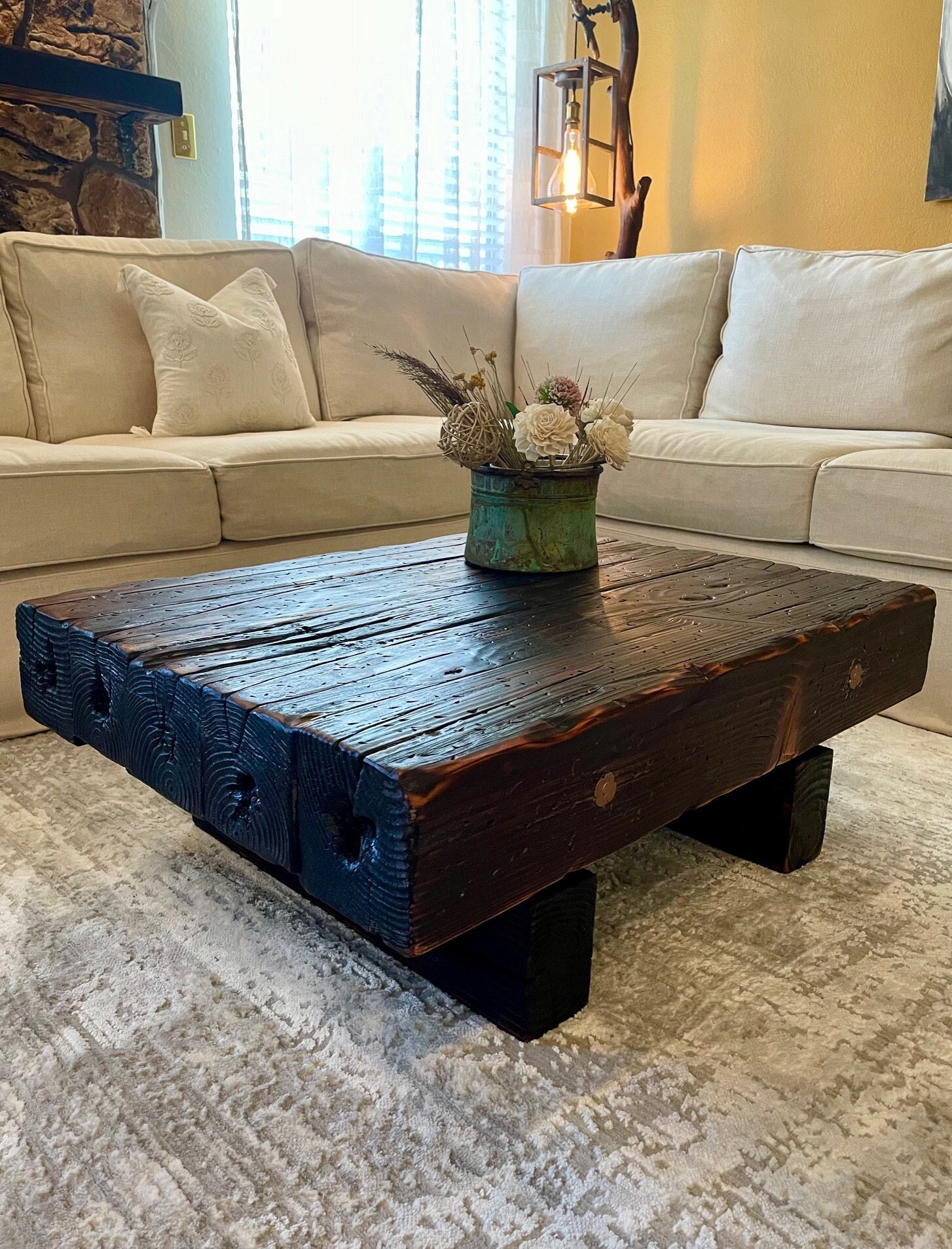 Napa Valley Coffee Table, Rustic Coffee Table with Cracks, Rectangular Table With Blowtorched Redwood beams.