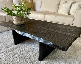 Kyoto Tierra Coffee Table, Faux Live Edge Coffee Table With Dark Blowtorched Finish, Rectangular Douglas Fir Slab Design.