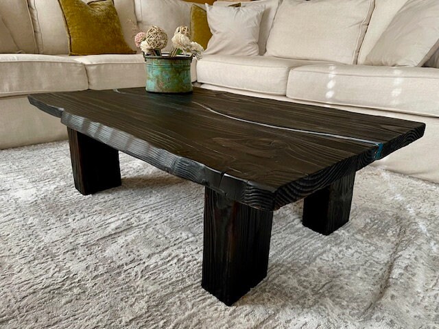 Blue Creek Coffee Table, Faux Live Edge Coffee Table With Dark Finish, Blue Epoxy River, Rectangular Douglas Fir Slab Design .