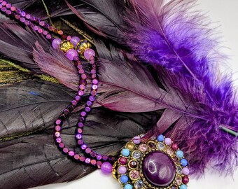Purple, Blue, & Gold Beaded Circular Pendant Necklace