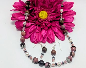Rhodonite Beaded Necklace and Earring Set, Pink & Black Jewelry