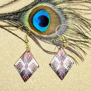 Patchwork Patterned Diamond Shaped Earring in Gold, Green, & Red image 3