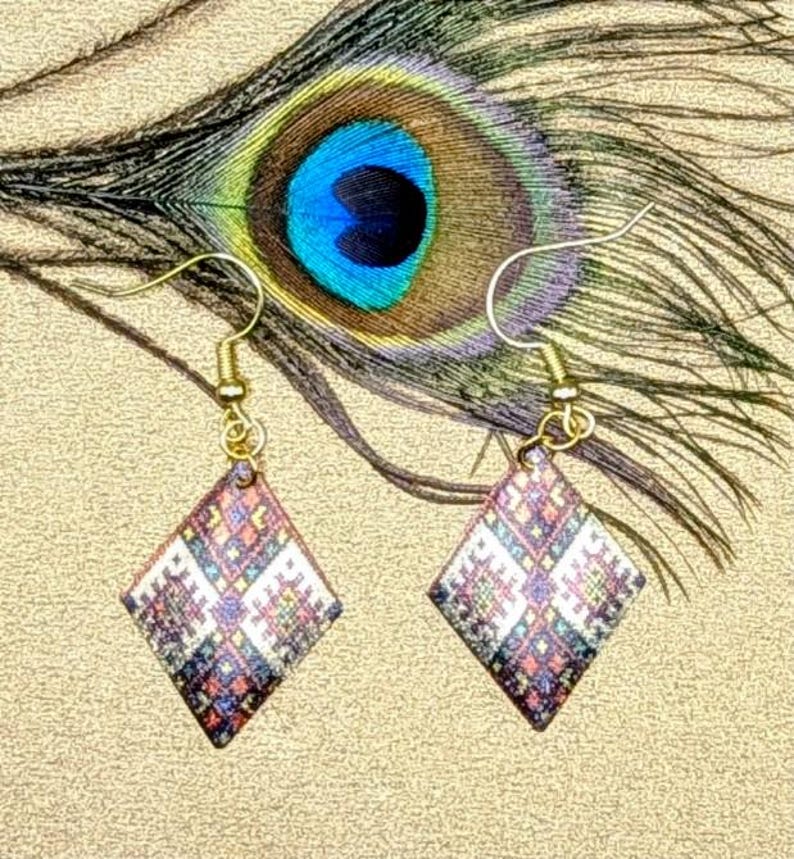 Patchwork Patterned Diamond Shaped Earring in Gold, Green, & Red image 3