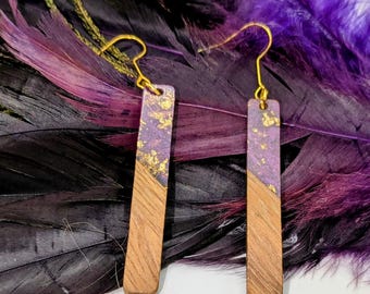 Purple & Gold Wooden Rectangle Drop Earrings